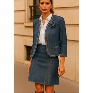Neiman Marcus 10 Lida Baday Linen Skirt Set $1200 Denim Blazer Jean Skirt Blue